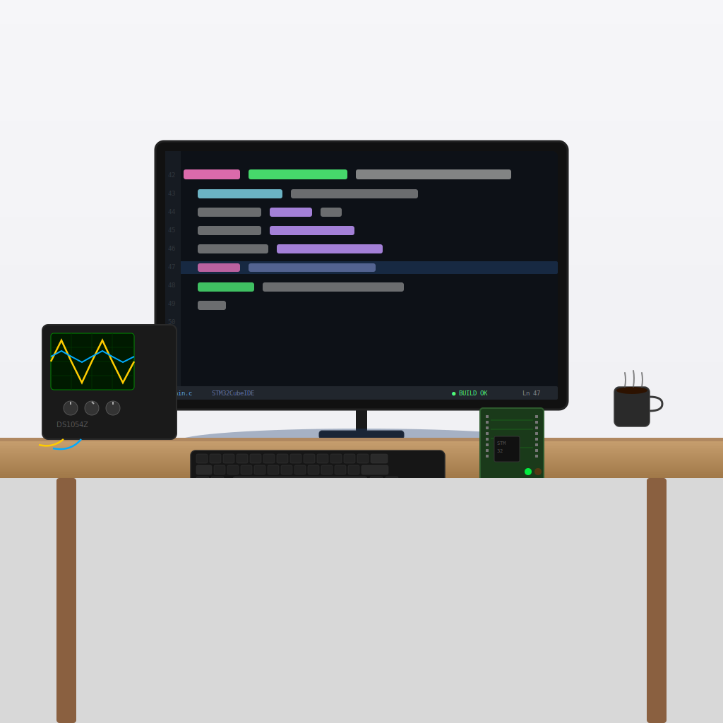 DMHOME.net logo — illustration of an embedded development desk setup